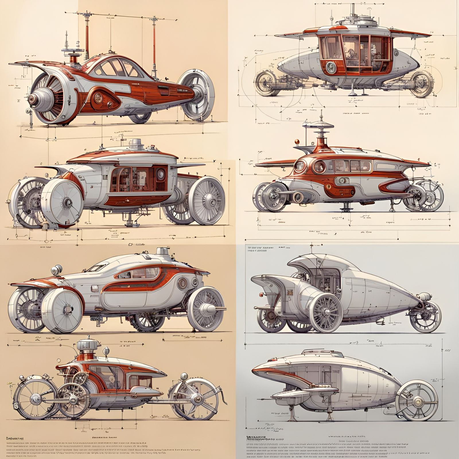 Steampunk Vehicle Blueprint in Technical Drawing Style