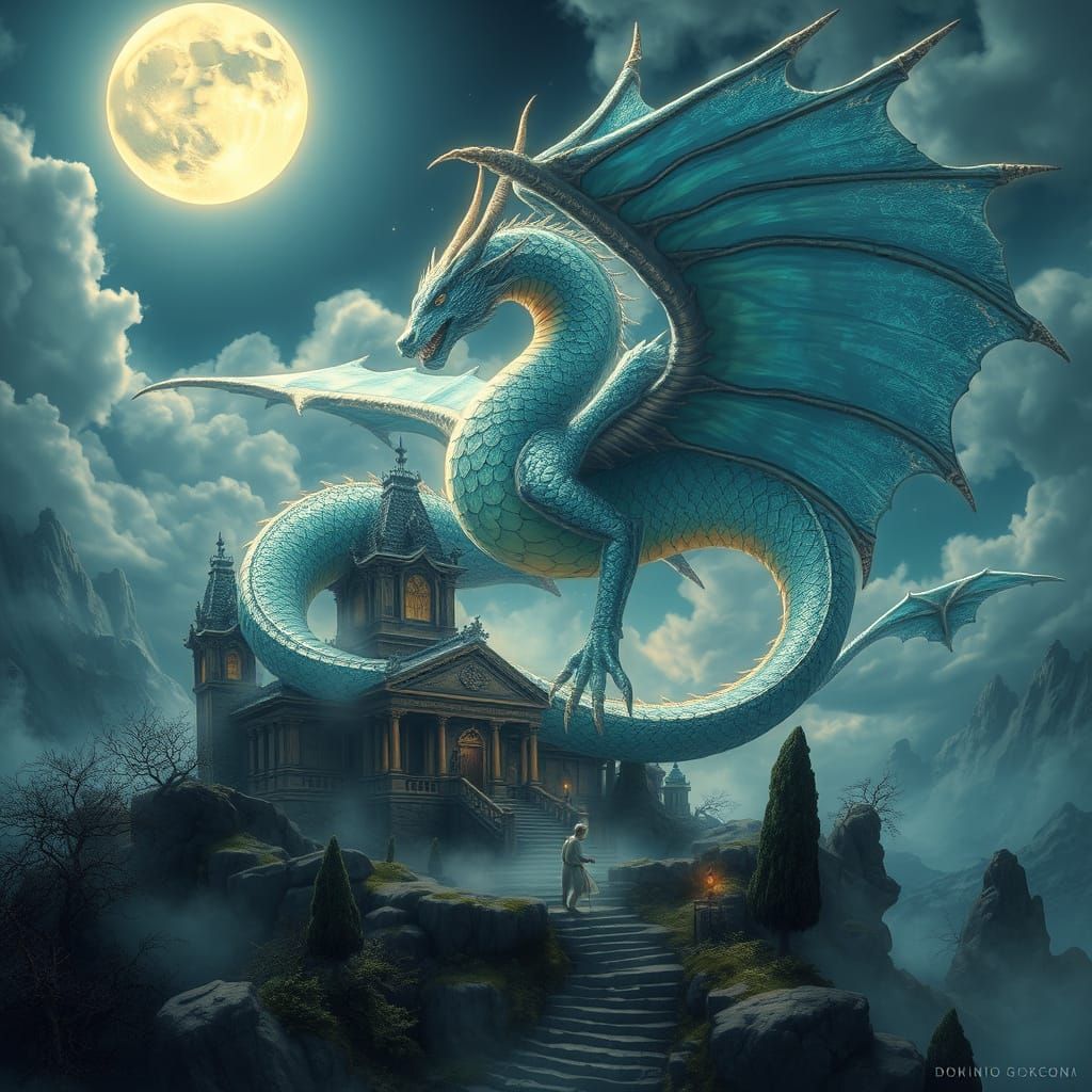 Celestial Dragon Encircling Ancient Temple in Moonlight