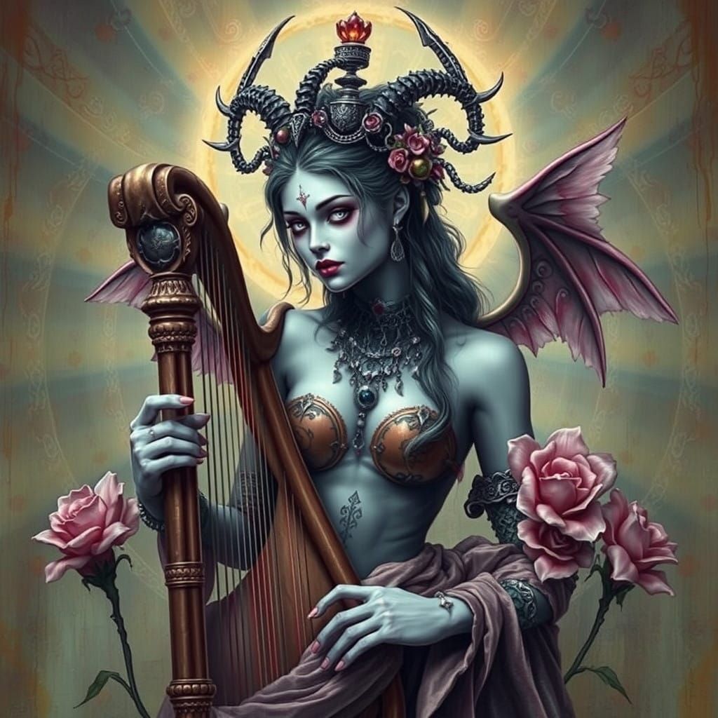Radiant Harlequin Medusa Plays Harp in Moody Sfumato Style