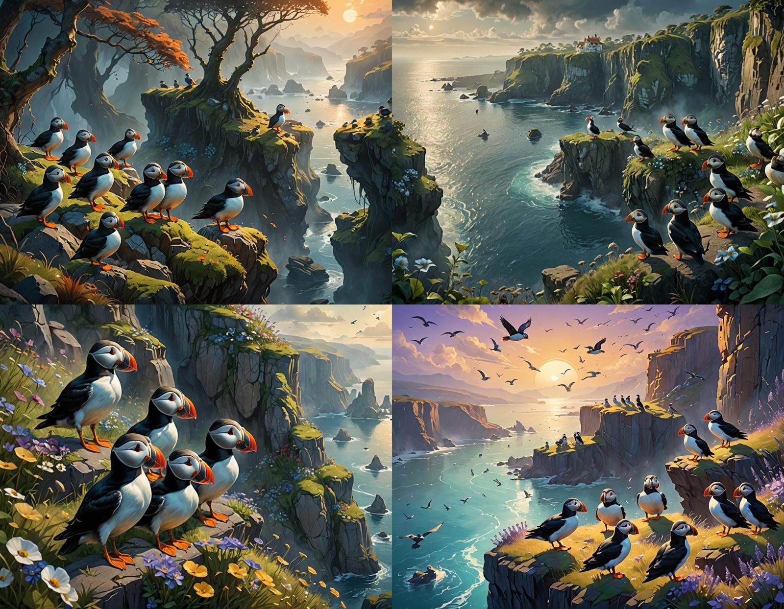 Puffins on Cliffs in Oval Frame