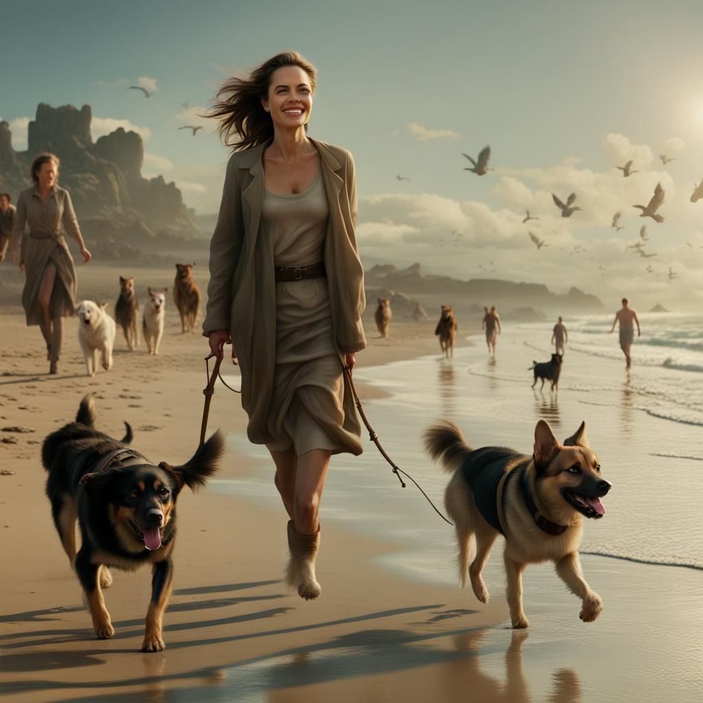 Angelina Jolie Walking on Beach with Dogs