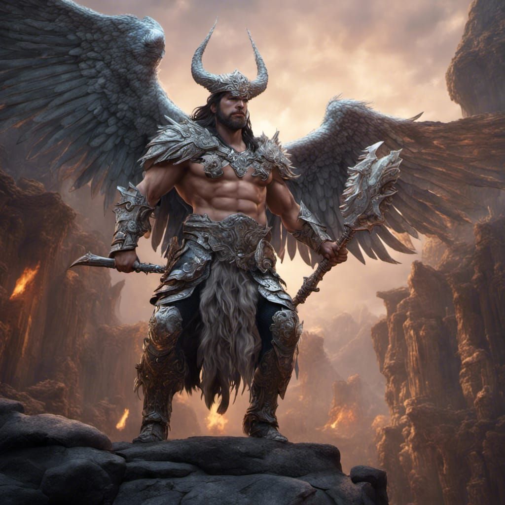 Silver Winged Magic Barbarian in Detailed Matte Painting