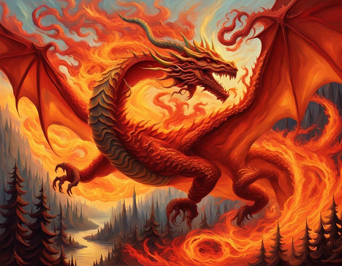 Inferno Dragon Arising from Burning Forest as Impasto Painti...