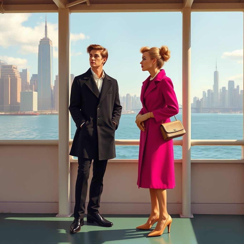 Elegant 1960s Couple Gaze Out to Sea on Staten Island Ferry