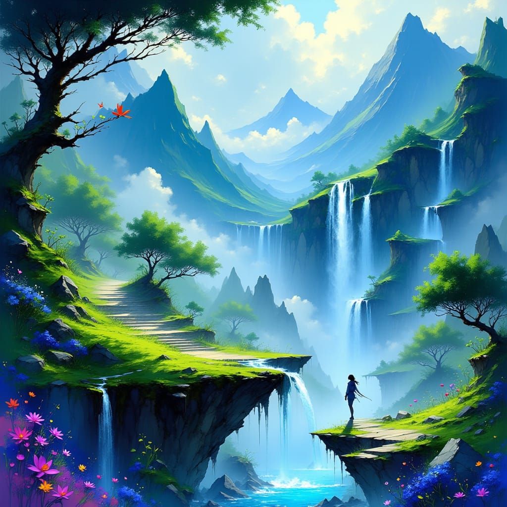 Whimsical Waterfall from Mountains in Matte Painting Style
