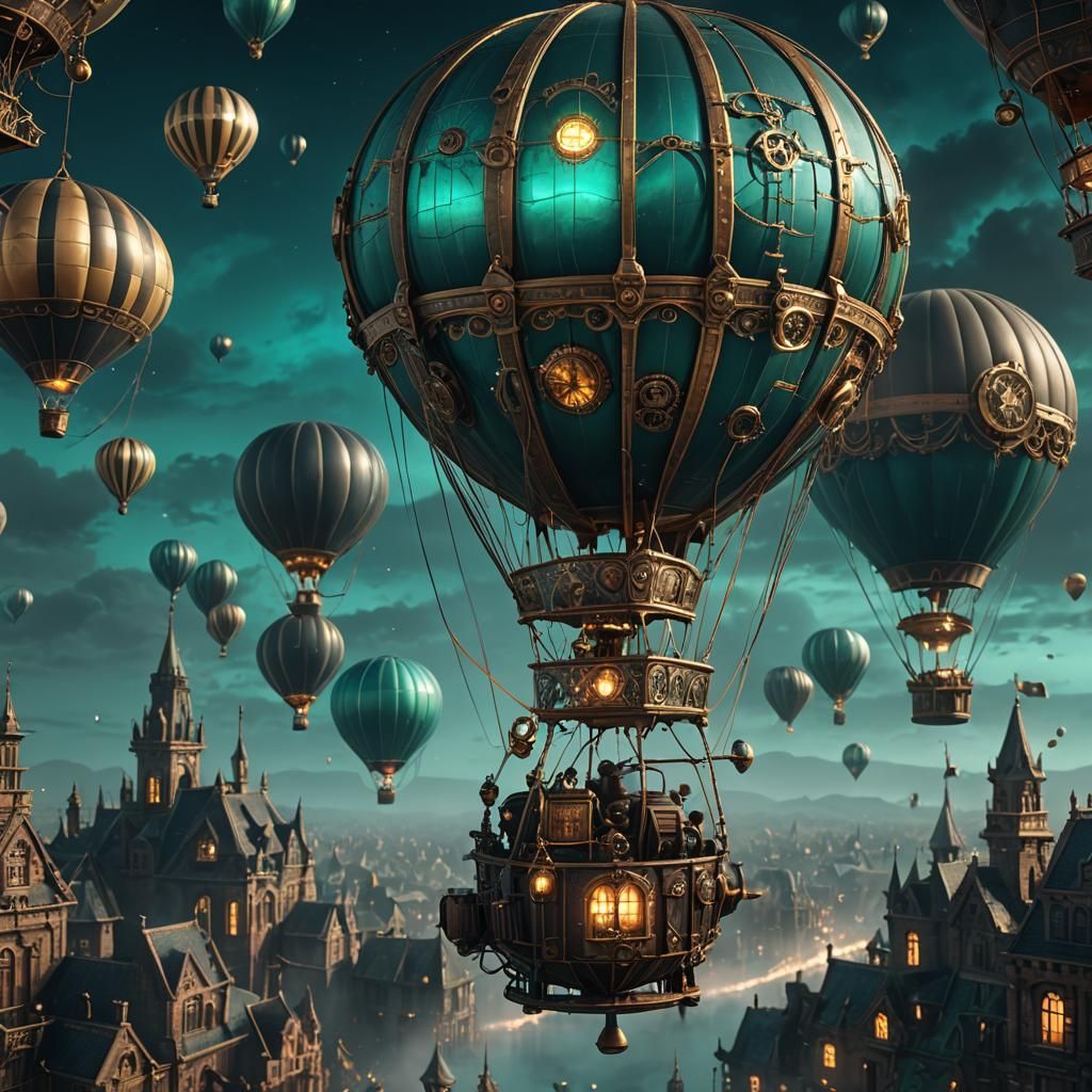 Teal Steampunk Air Balloon in the Night