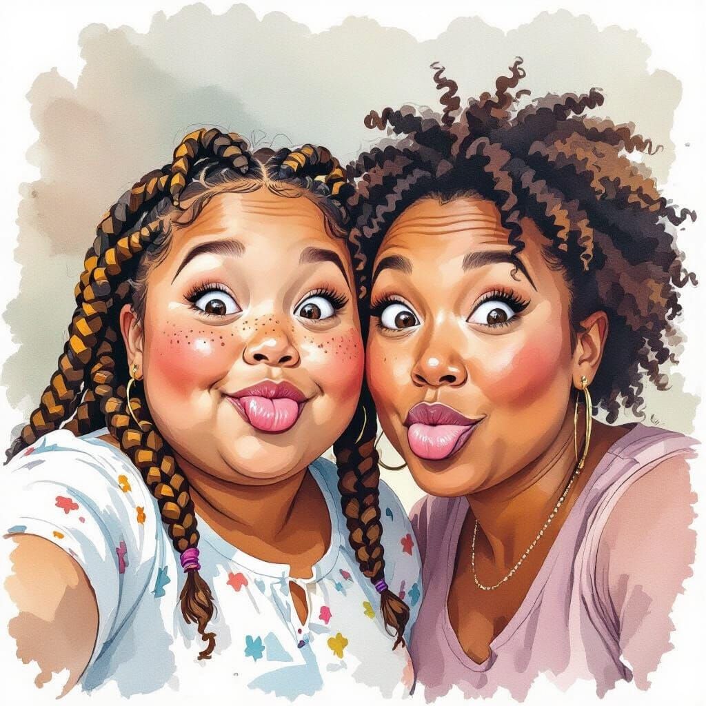 Mother and Daughter Selfie in Watercolor Style