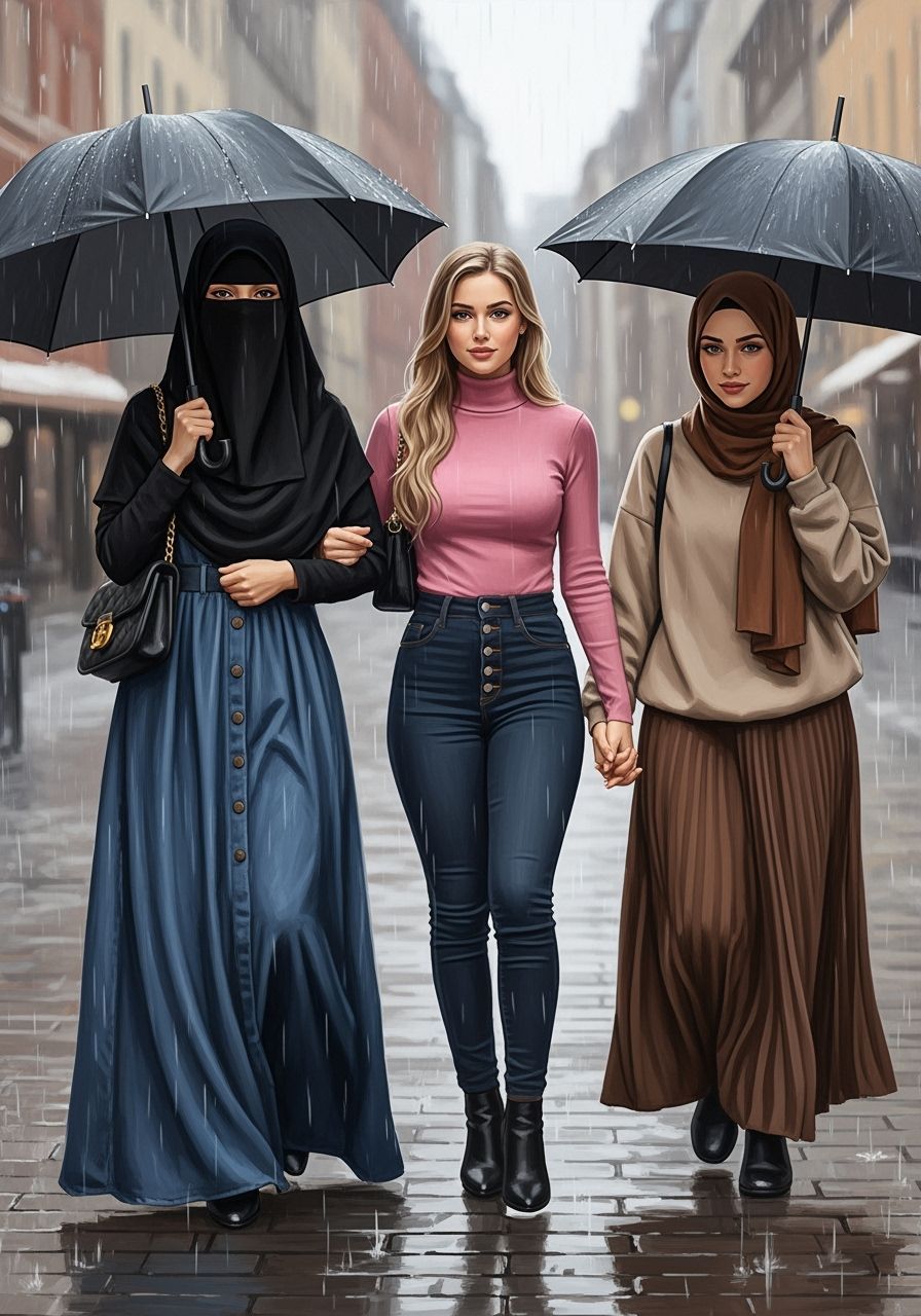 European Friends Walking in Rainy City, as Oil Painting