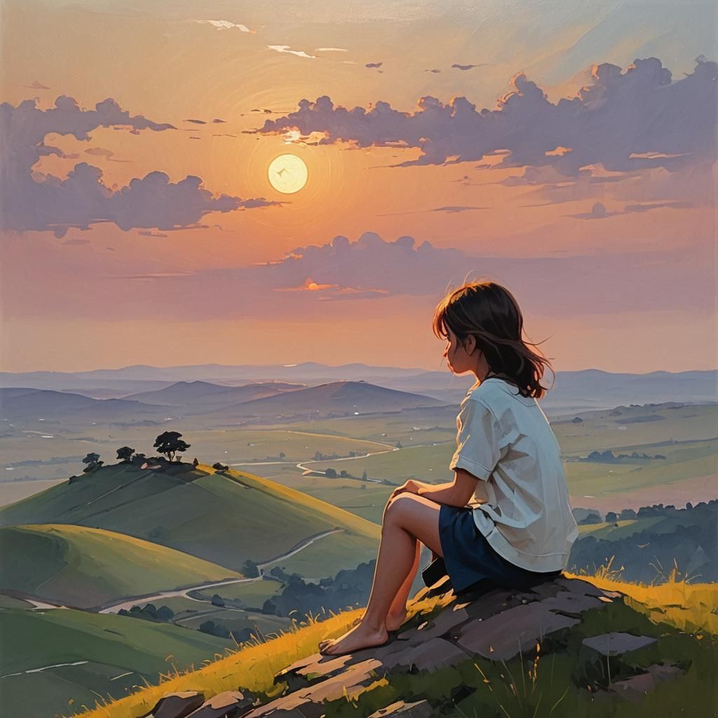 Minimalist Girl on Hill at Sunset Painting