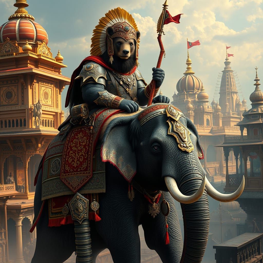 Bear Rides Majestic Elephant in Vibrant Medieval Indian City...