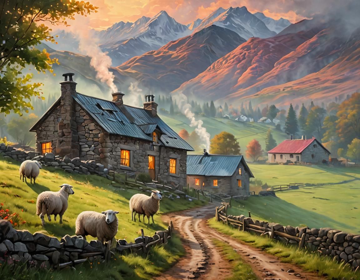 Highland Houses in Morning Mist: Acrylic Painting