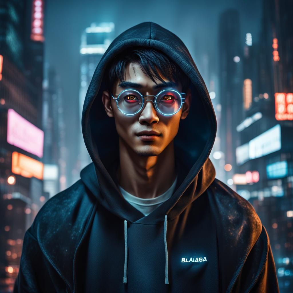 beautiful muscular Asian twink boy, stunning eyesight, wearing oversized-hoodie , adorable, round frame glasses, in urba...