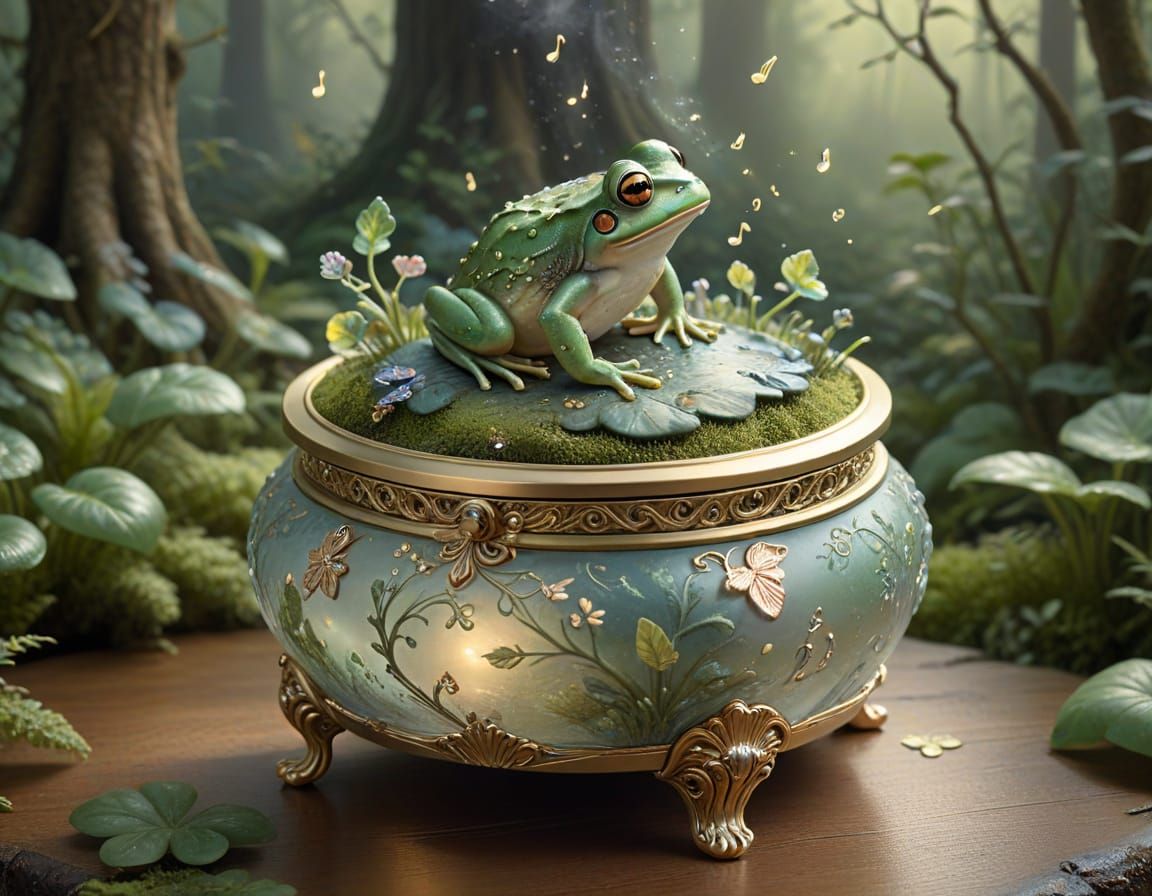 Whimsical Music Box with Dancing Frog in Enchanted Forest