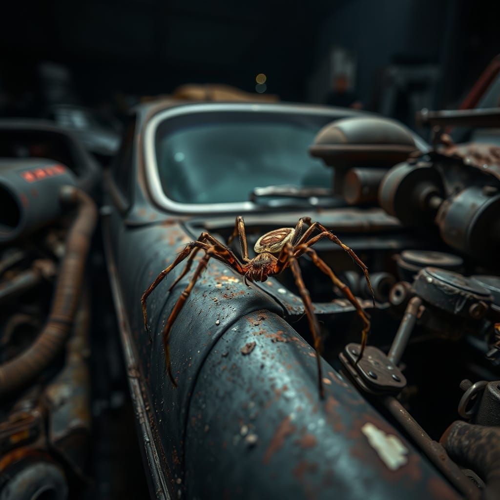 Gritty Photorealistic Spider in Junkyard Scene