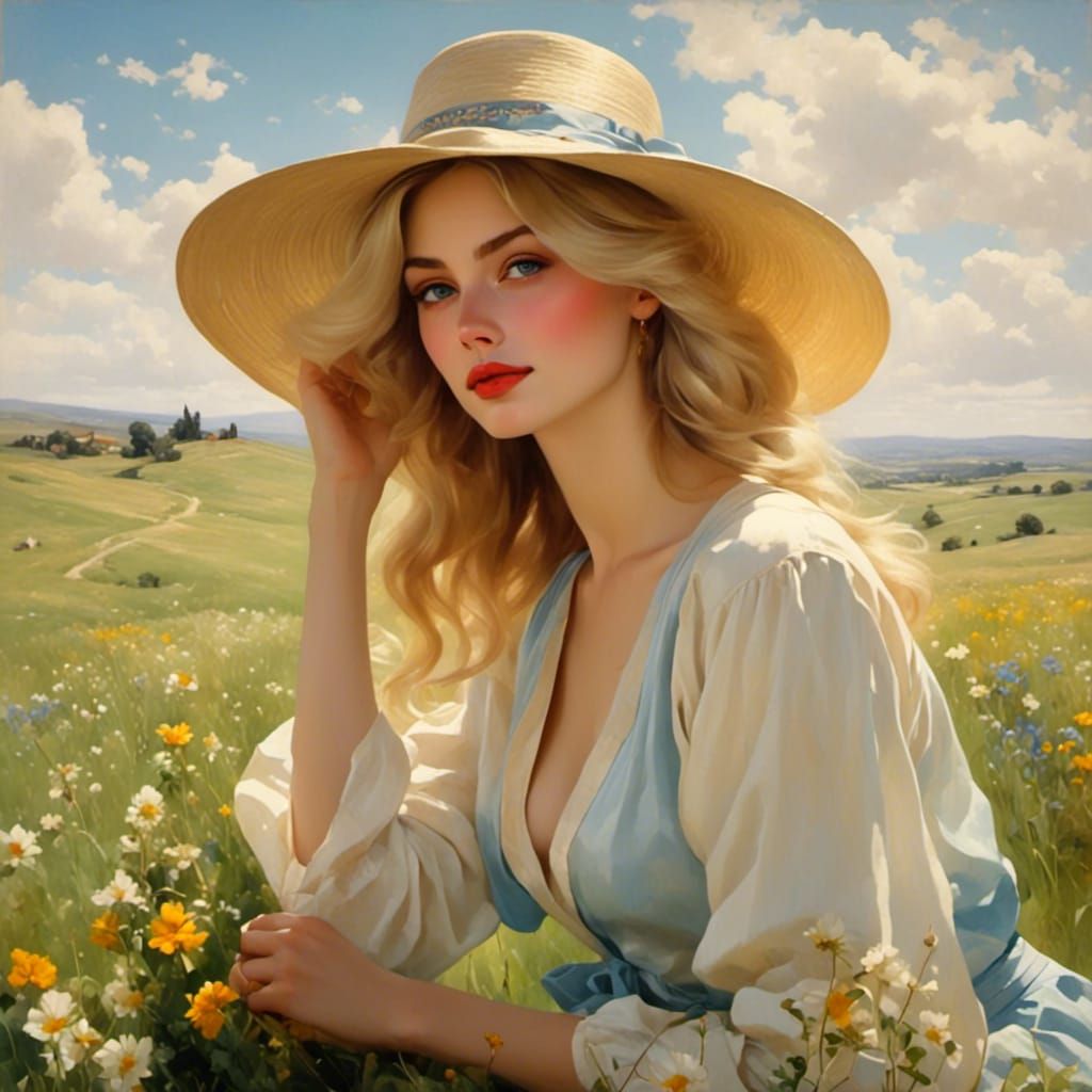 Dreamy Blonde in Spring Meadow with Flowers