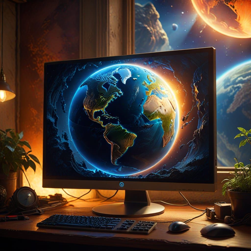 Earth Restoration Project on Computer Screen in Sci-Fi Style