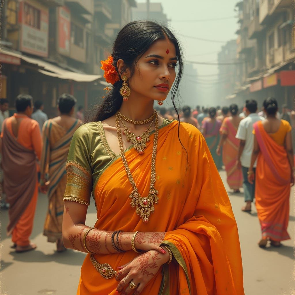 Indian Woman in Sari Amidst City Life