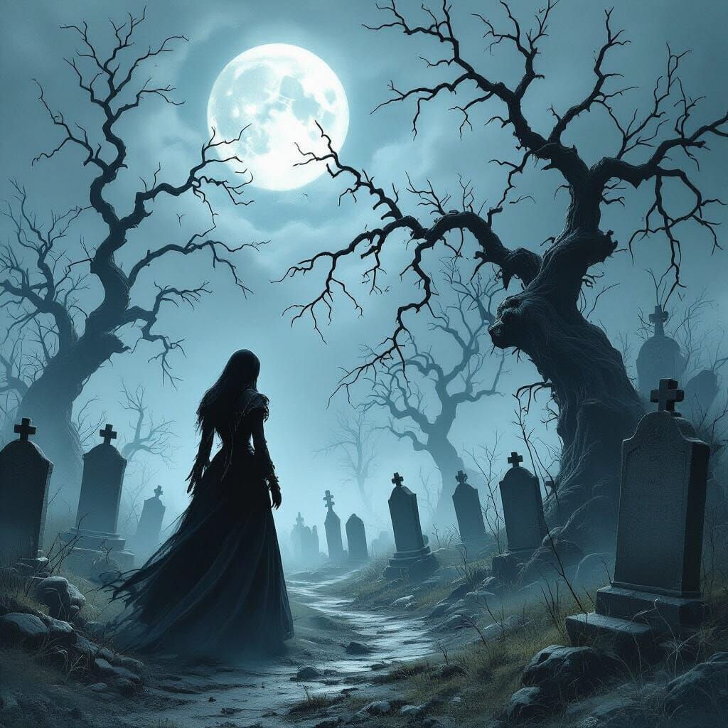 Spectral Victorian Woman in Moonlit Gothic Graveyard