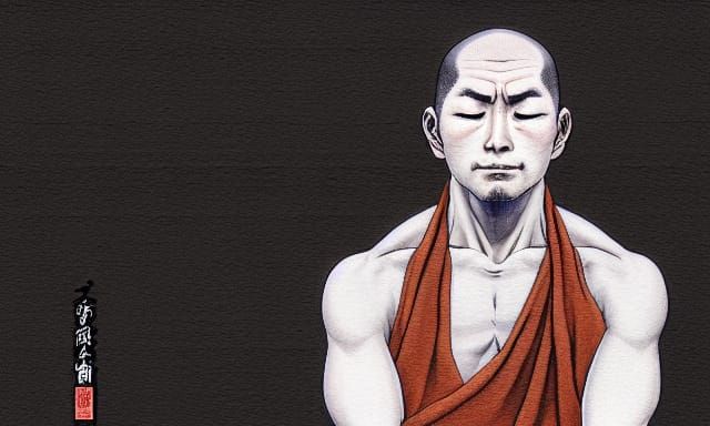 Meditating Monk in Sumi-e Style Concept Art