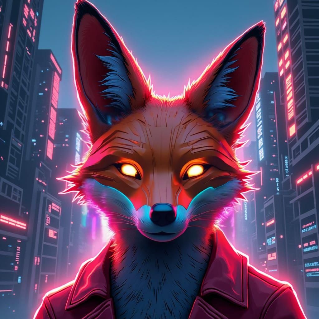 Neon Fox in Cyberpunk Cityscape