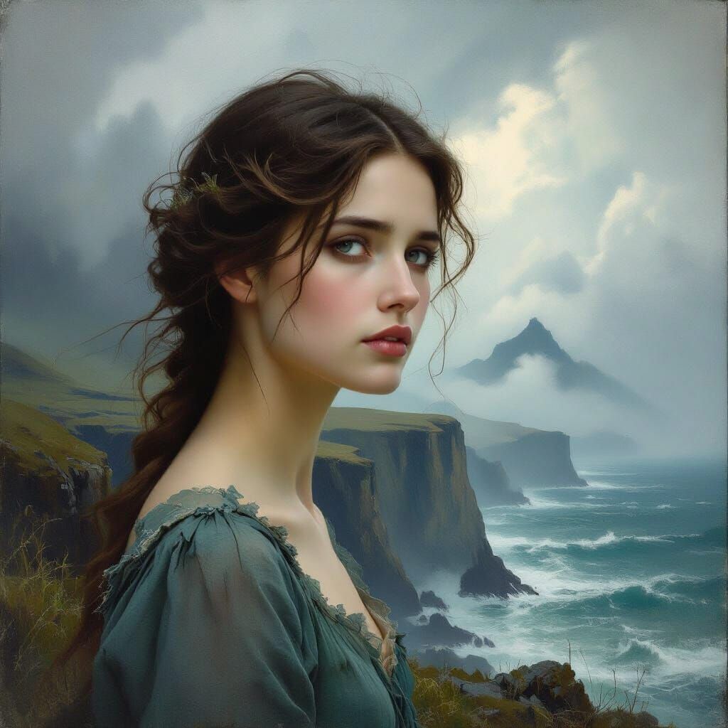 Ethereal Woman in Dramatic Seascape and Misty Mountains Oil ...