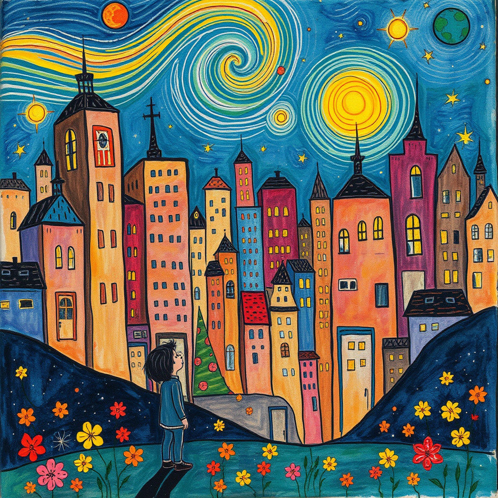 Cosmic Future Cityscape in Naive Crayon Style