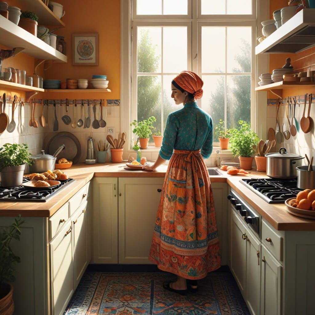 Whimsical Haredi Mother in a Cozy Kitchen Scene