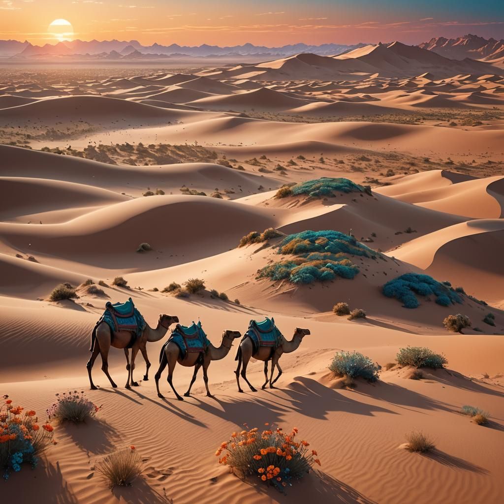 Camels in Desert Sunset: Digital Art in Grimmer Style