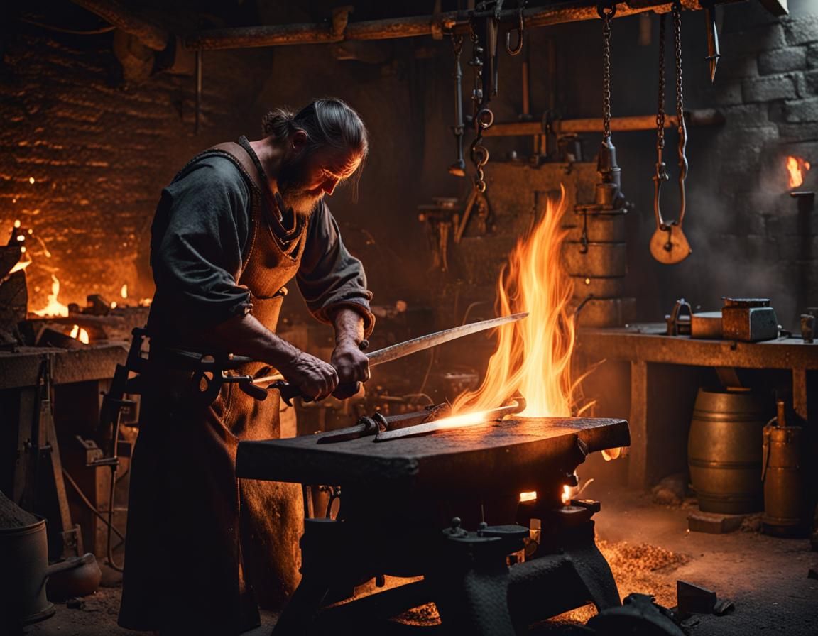 Medieval Blacksmith banging a sword, inside a medieval forge 1