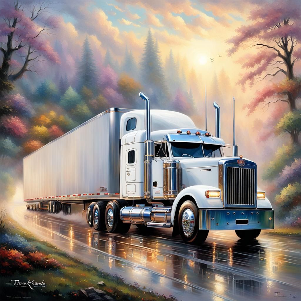 White semi truck pulling double trailers