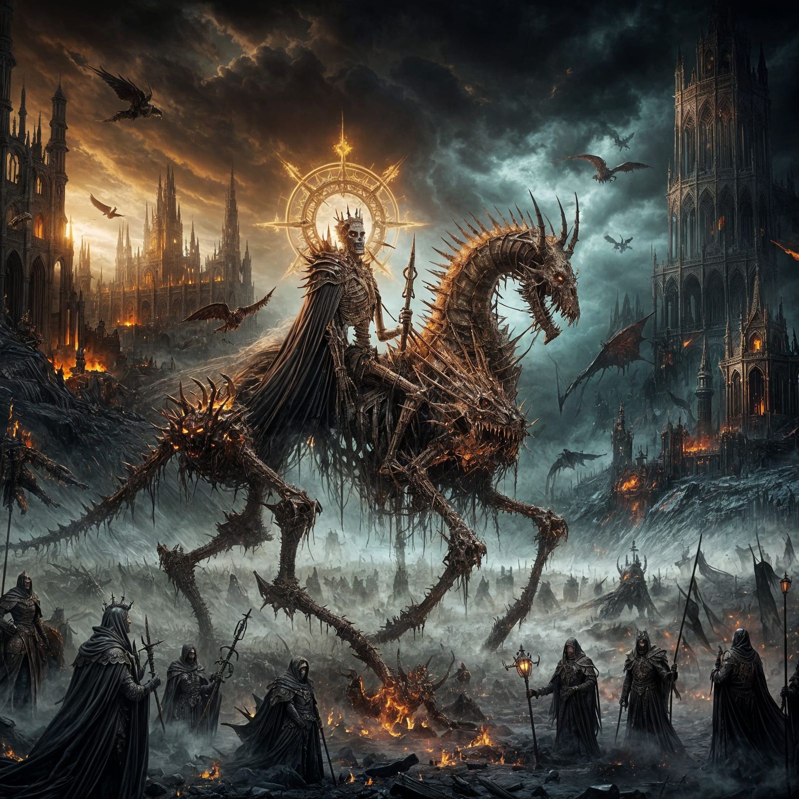 Dark Fantasy Skeleton King Rides Monstrous Beast Through Rui...