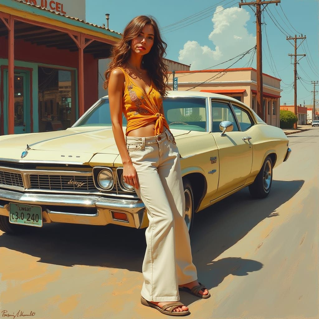 Retro Woman and Auto in Bold Still Life Painting