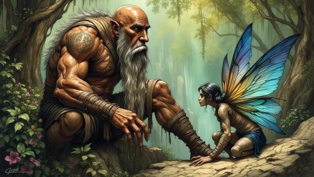 Cyclops Befriends Fairy in Fantasy Art Style
