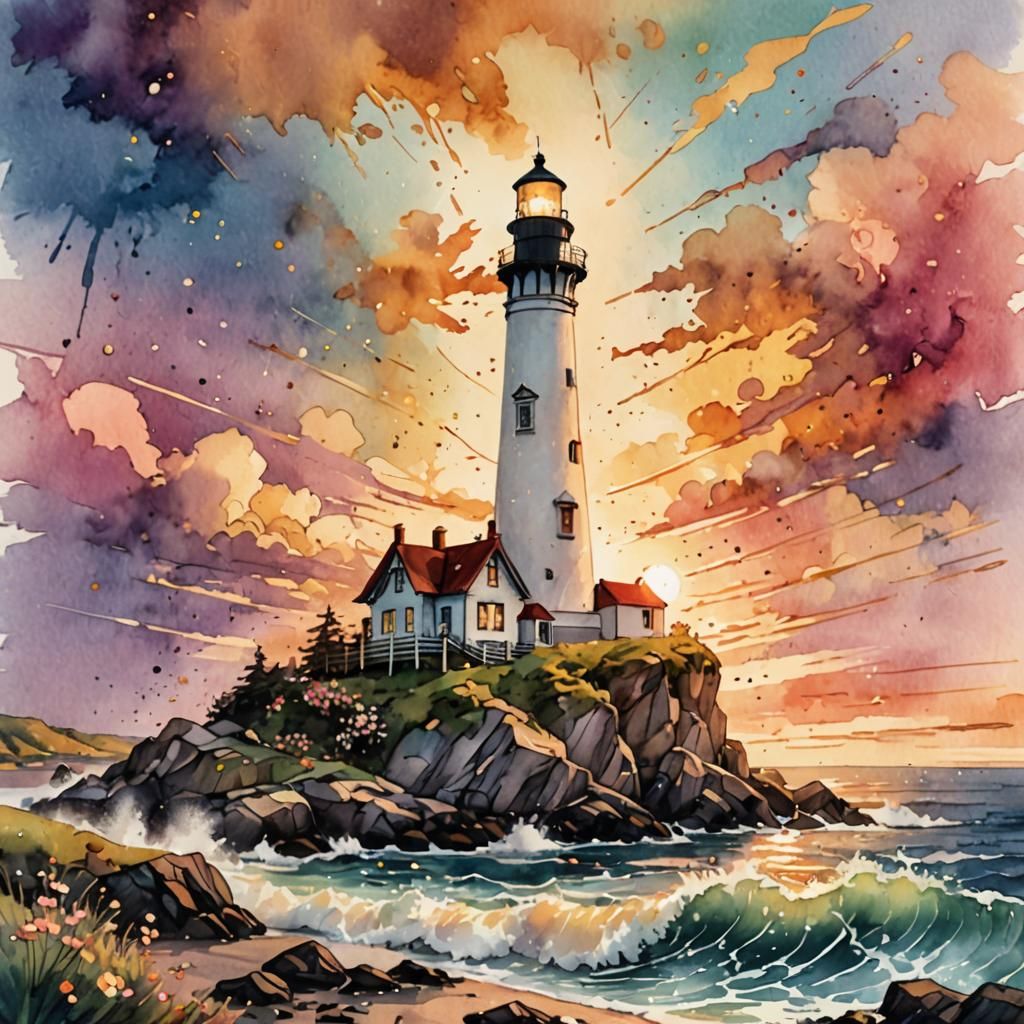 Majestic Lighthouse at Sunset in Watercolor Style