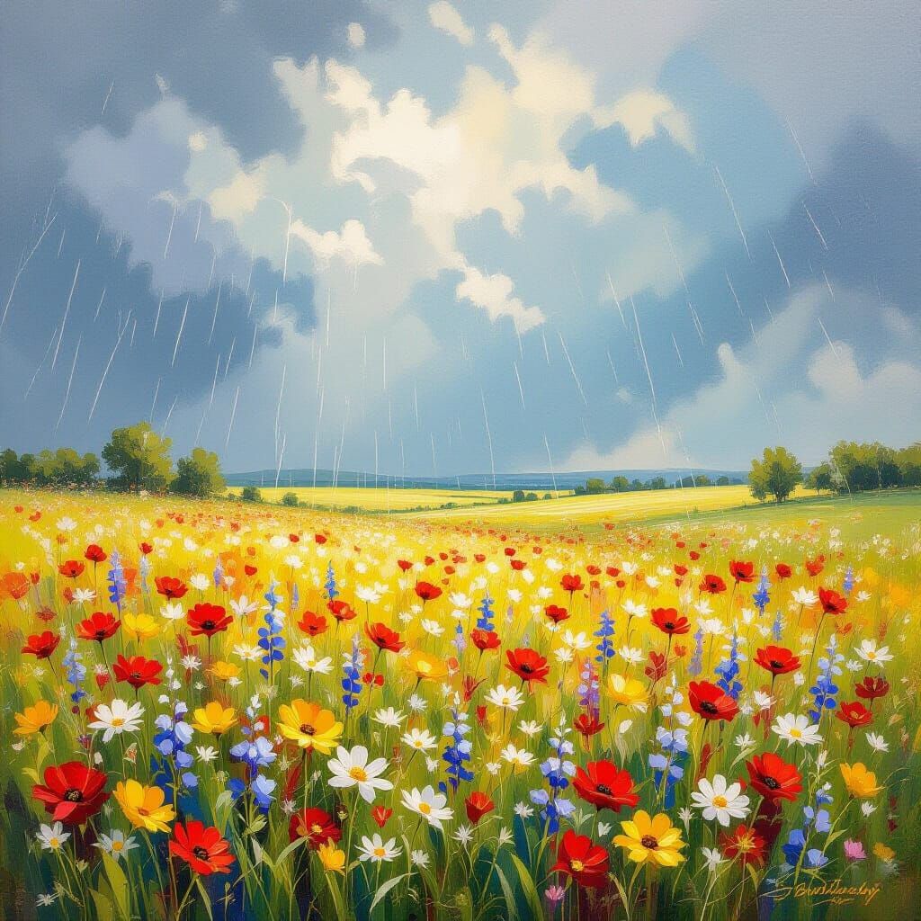 Wildflowers in Summer Rain: Impressionistic Oil Painting
