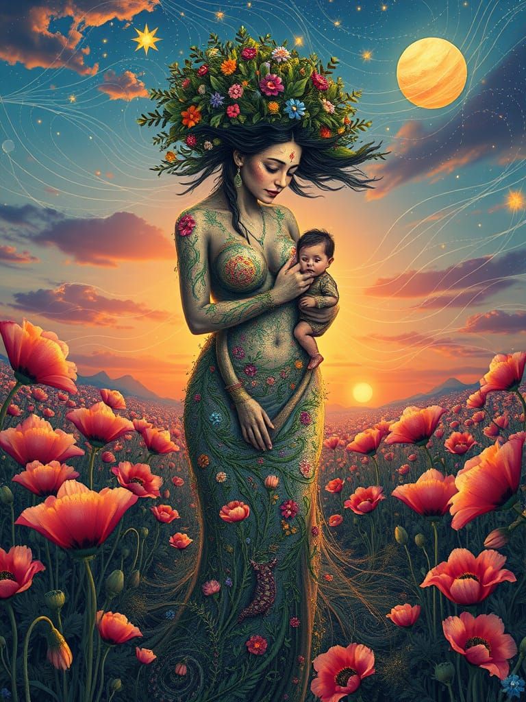 Mother in Dreamlike Scene with Vibrant Floral and Ethereal E...