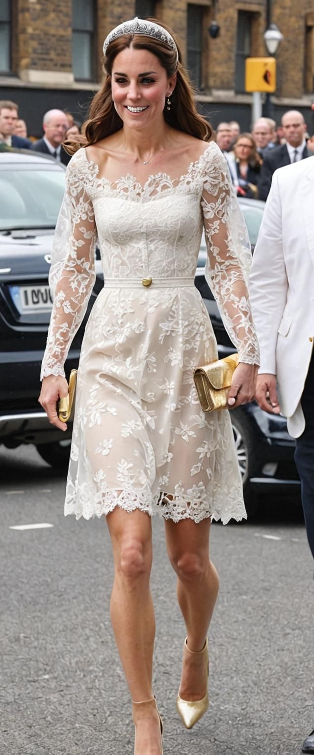 Woman in White Lace Outfit with Gold Trim