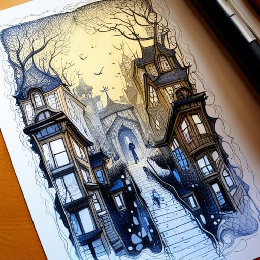 Art Nouveau Blue Ink Town Illustration