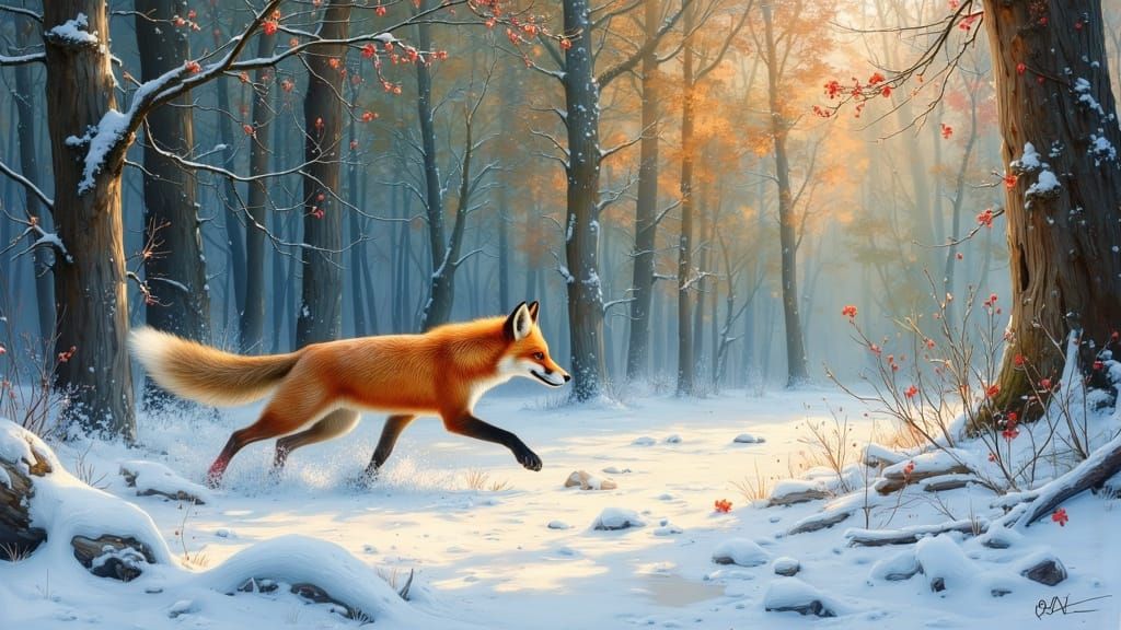 Fox in Snowy Forest at Twilight, Vibrant Oil Painting