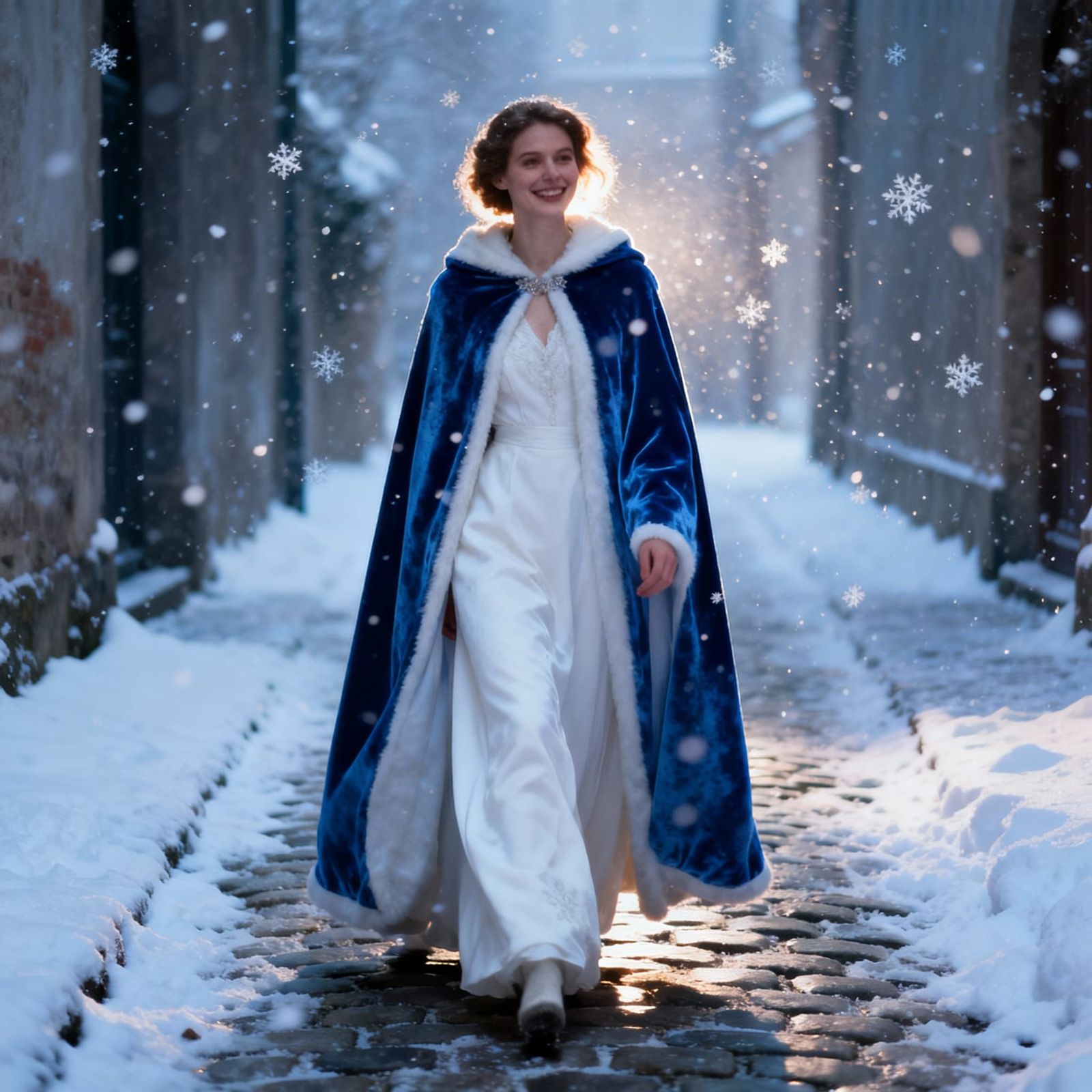 Elegant Woman in Velvet Cape Walks Snowy Alley