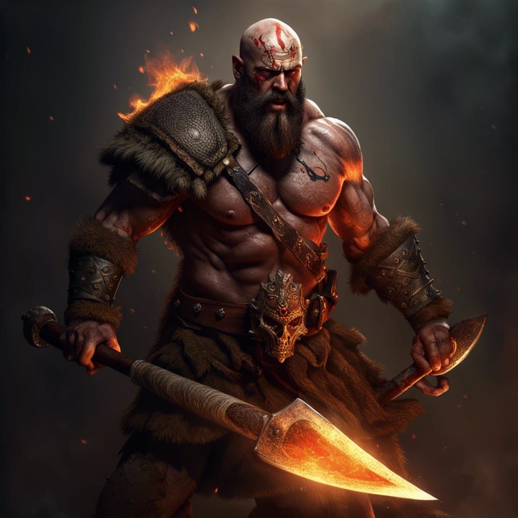 Fierce Bald Barbarian Wielding Flaming Axe in Dark Fantasy