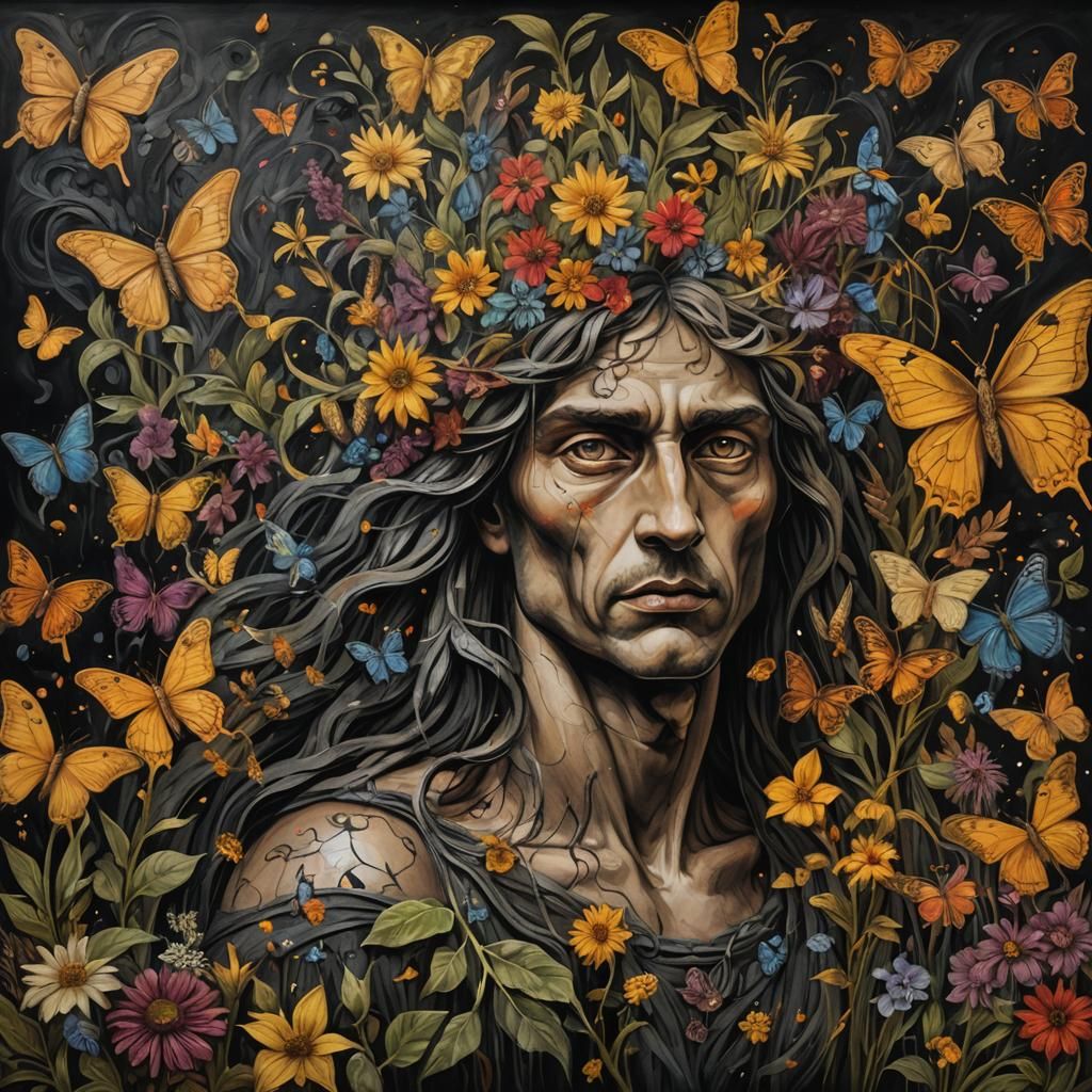 Dionysus in Mystical Forest, Chalk and Charcoal Art