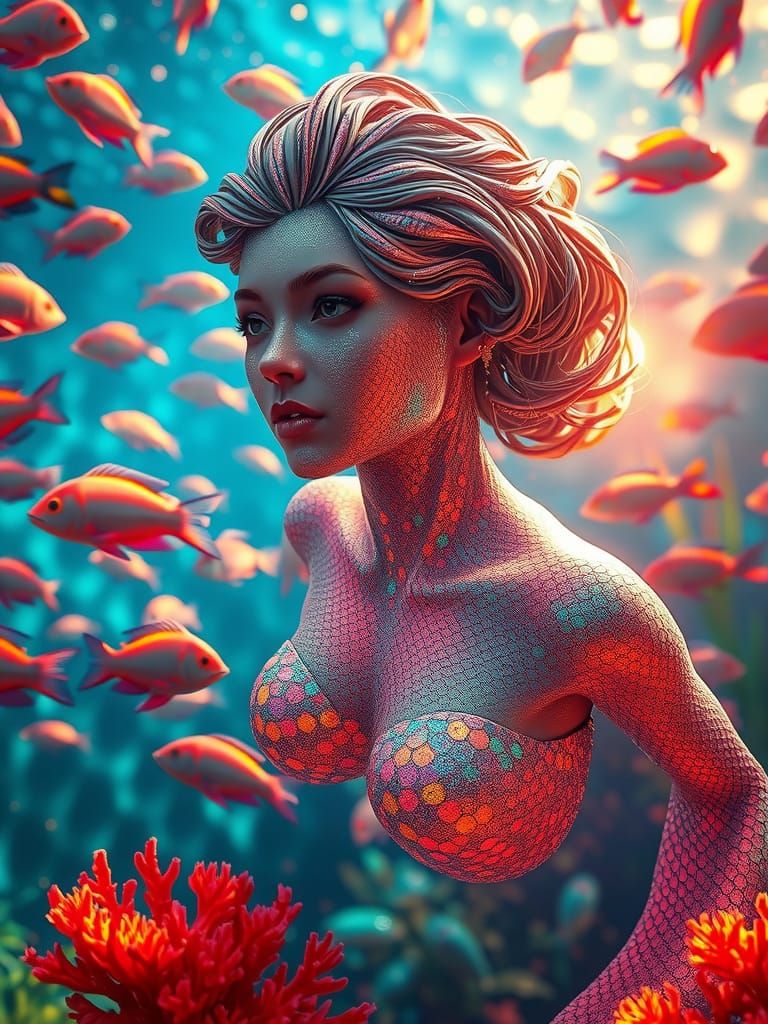 Surreal Mermaid in Holographic Scales, Swims with Glowing Fi...