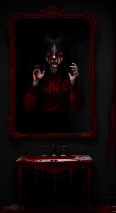 Eerie Reflection: Girl Sees Blood in Dark Mirror