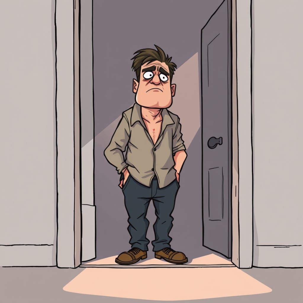 Drunk Husband With Hickey On Doorway Threshold