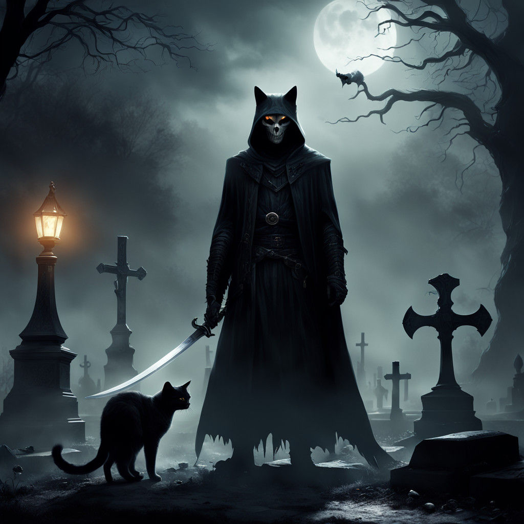Dark Fantasy Scene with Grim Reaper and Black Cat