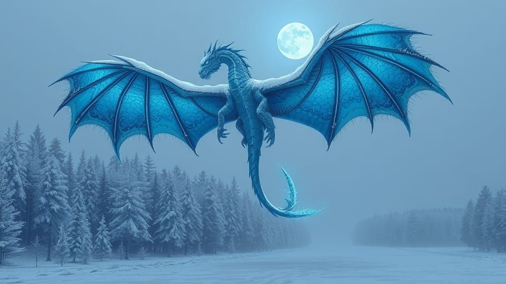 Blue Dragon Grim Reaper in Frozen Winter Landscape