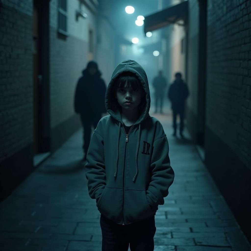 Anxious Girl in Alley: Neon Noir Cinematic Portrait