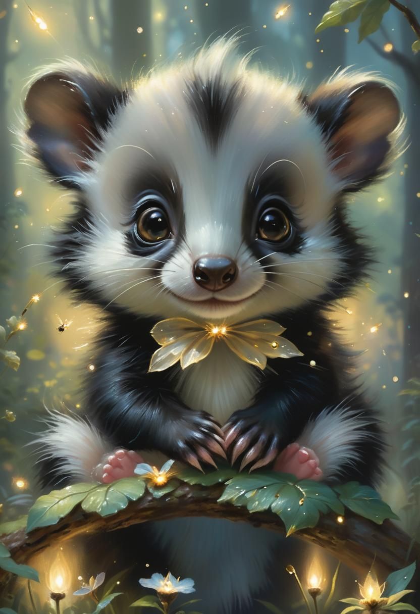 Enchanting Skunk in Thomas Kinkade Style Forest