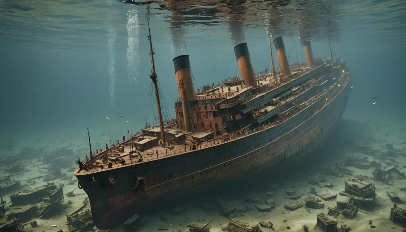 Generate a hyperrealistic image of the Titanic shipwreck lying on the ocean floor, surrounded by ghostly apparitions of ...